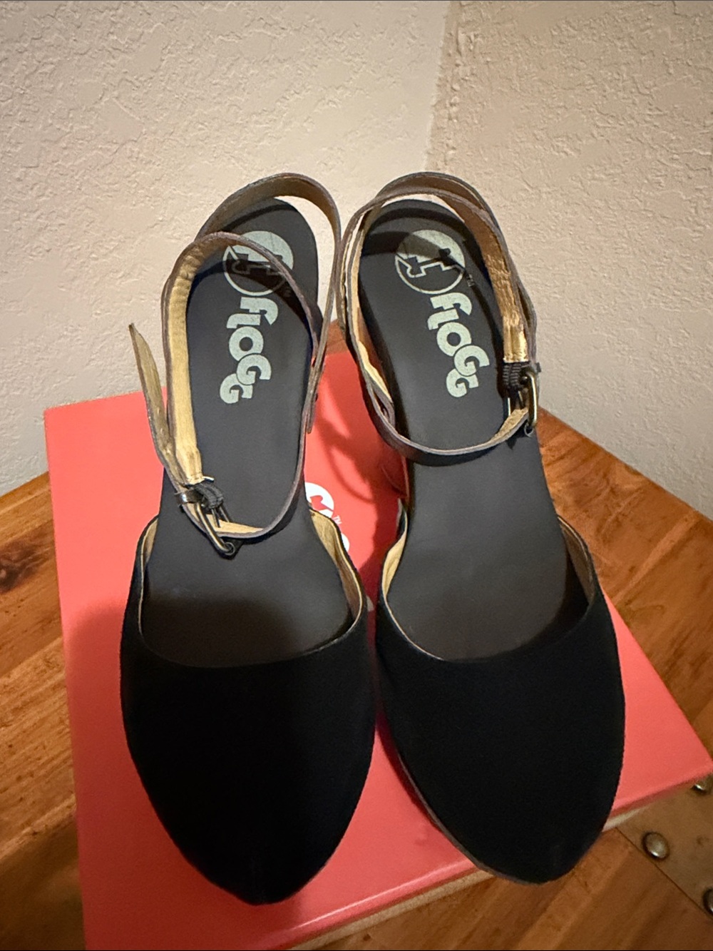 Flogg Black Suede & Tan Wood Platform Slingback Heels - Picture 5 of 7